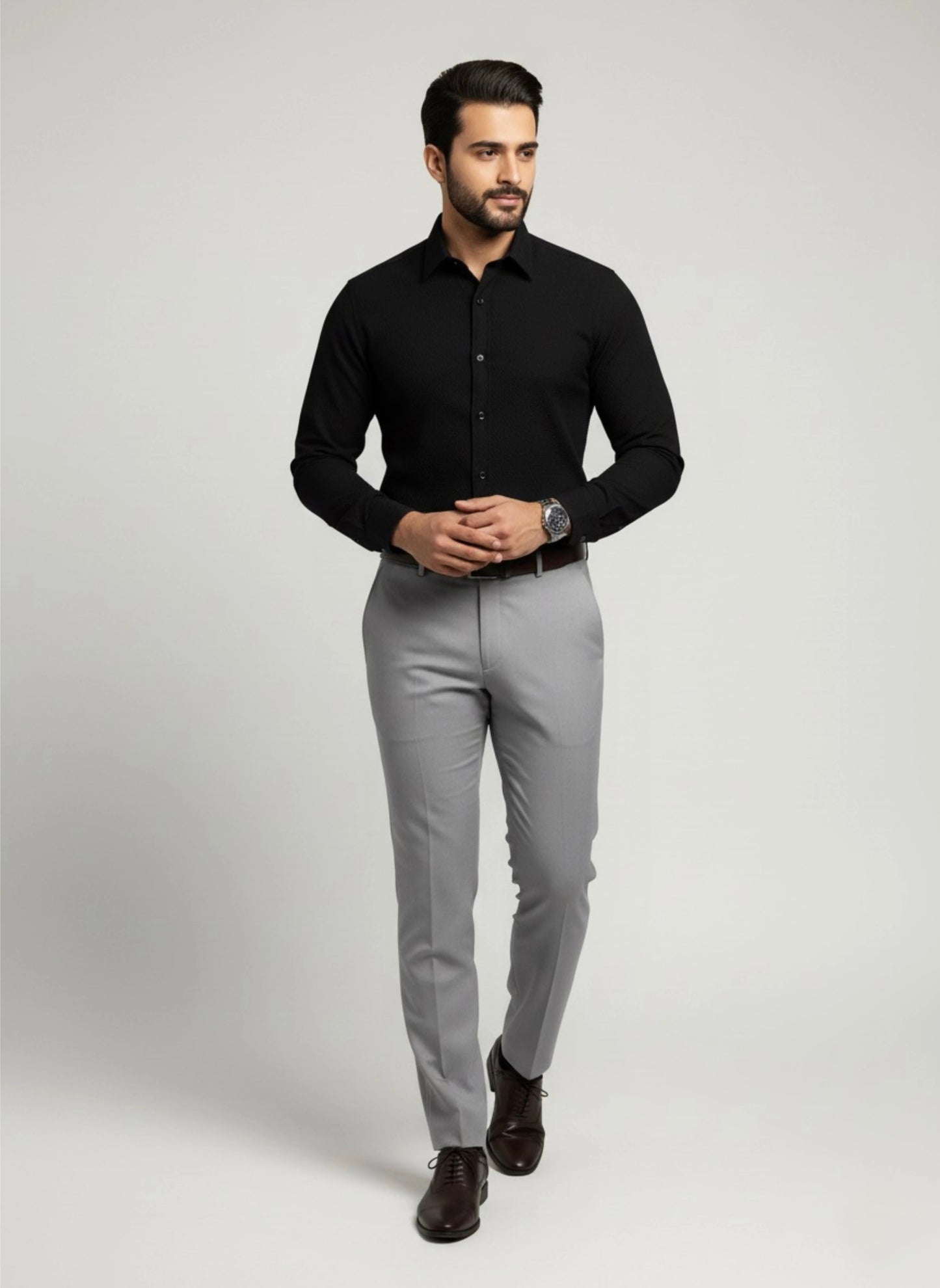BLACK SELF-TEXTURED SEMI FORMAL SHIRT