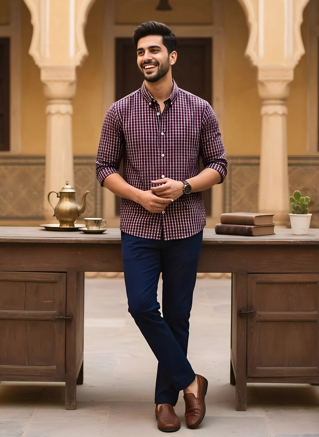 MAROON MICRO CHECKERED SHIRT