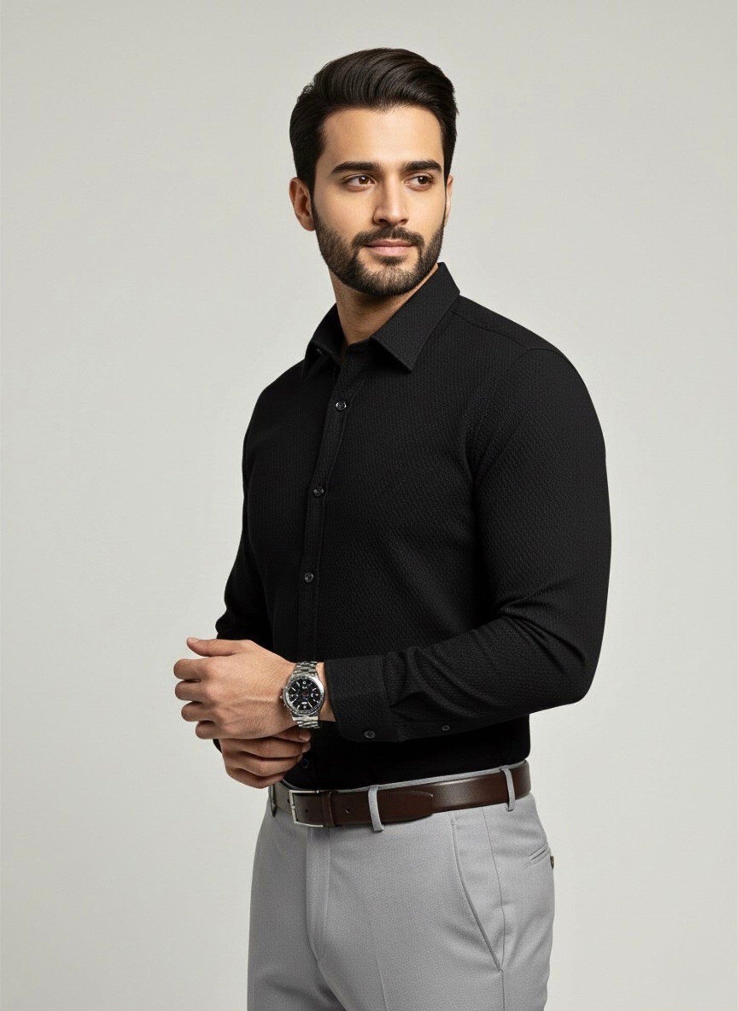 BLACK SELF-TEXTURED SEMI FORMAL SHIRT