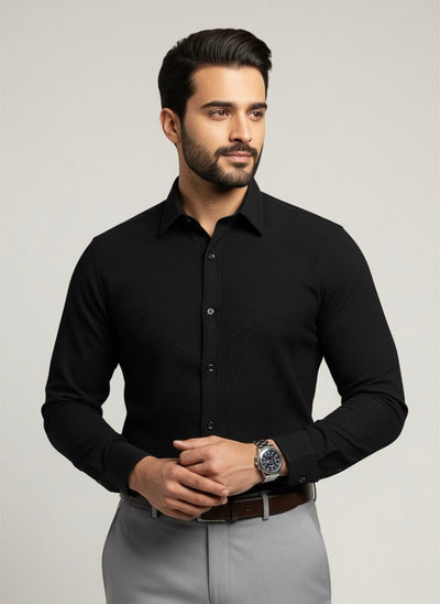 BLACK SELF-TEXTURED SEMI FORMAL SHIRT