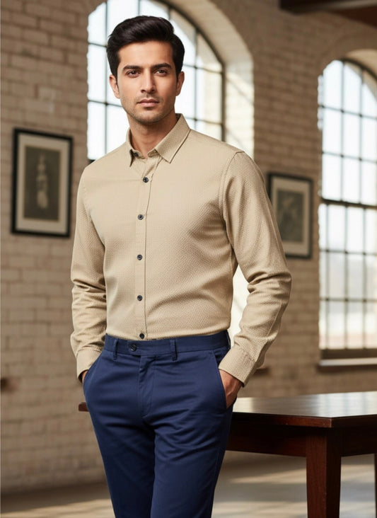 BEIGE SELF-TEXTURED SEMI FORMAL SHIRT