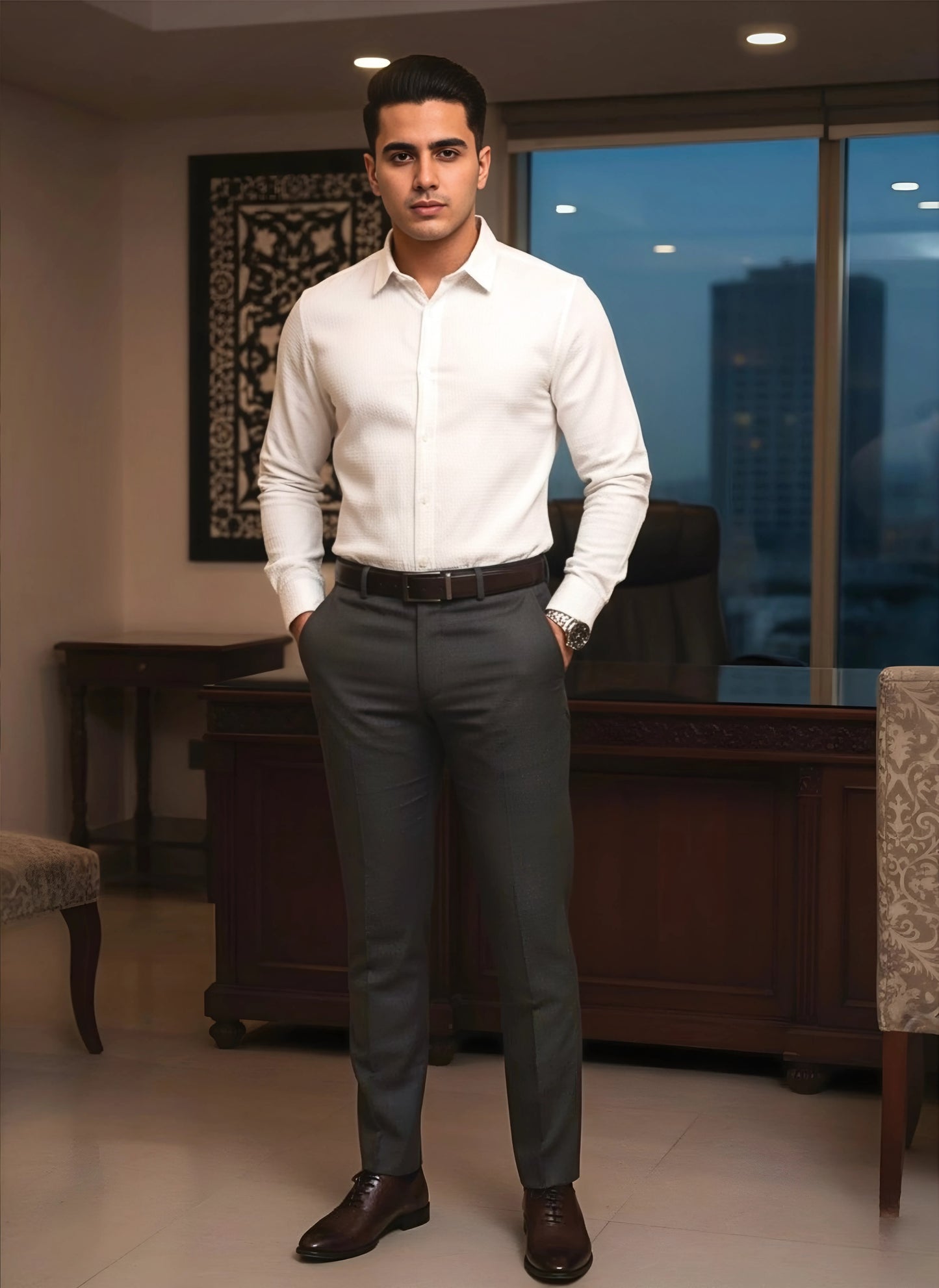 WHITE SELF TEXTURED SHIRT