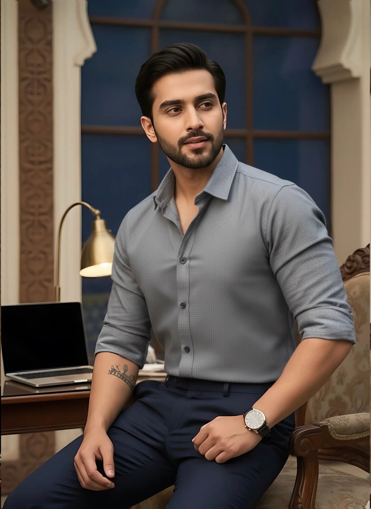 GREY SELF TEXTURED SHIRT