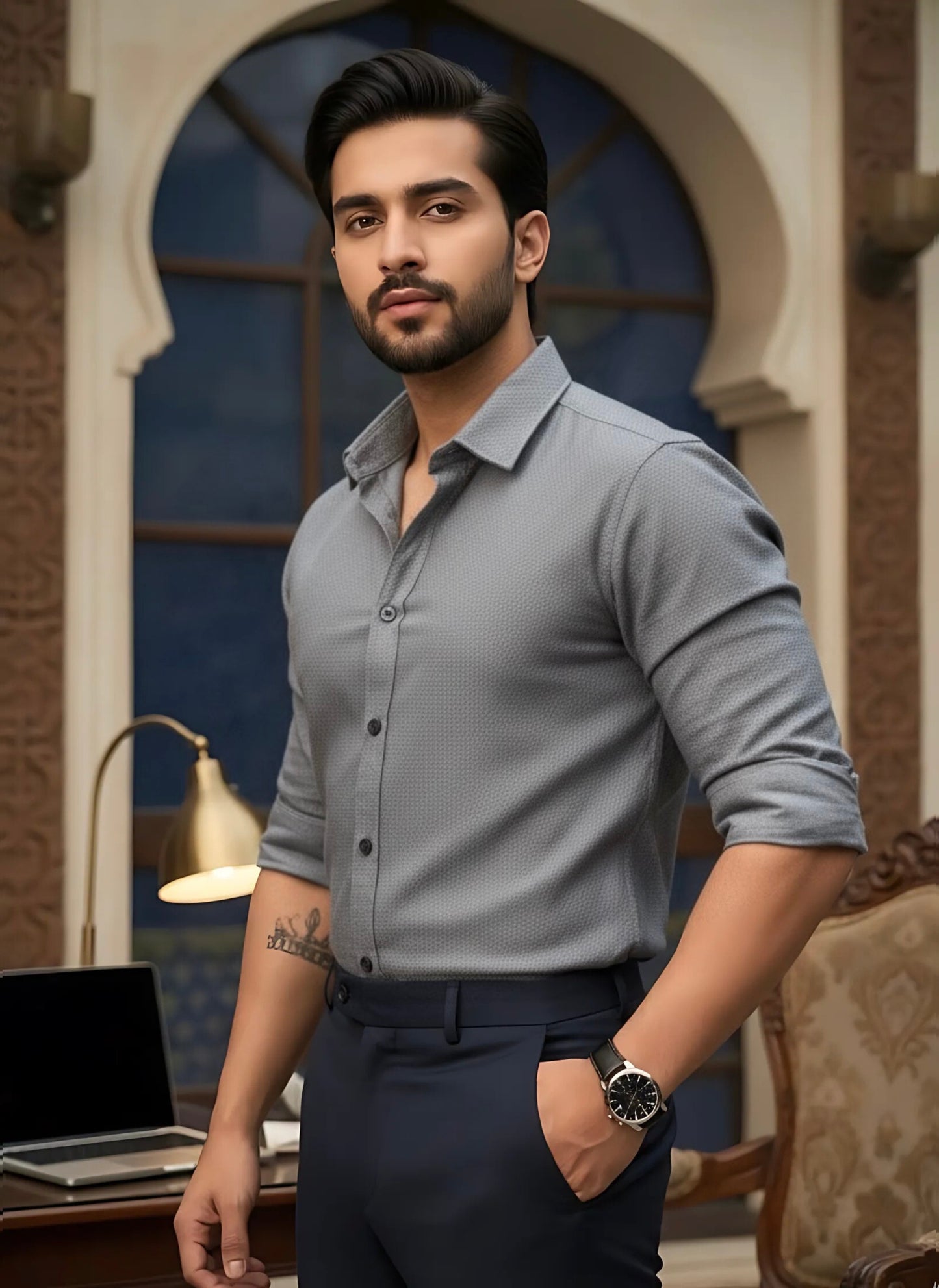 GREY SELF TEXTURED SHIRT