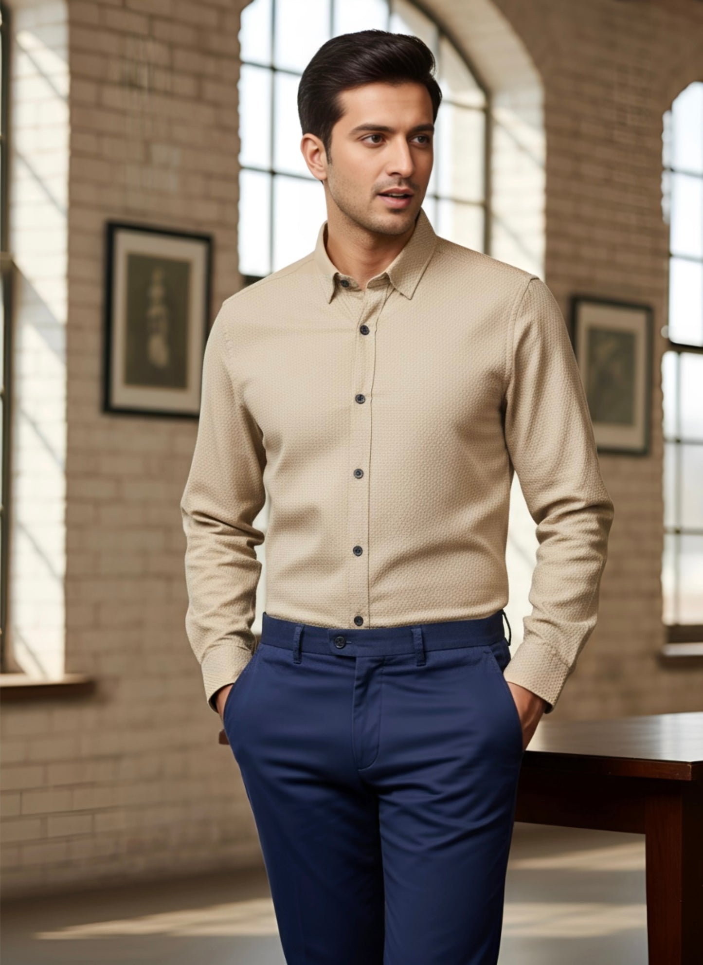 BEIGE SELF-TEXTURED SEMI FORMAL SHIRT