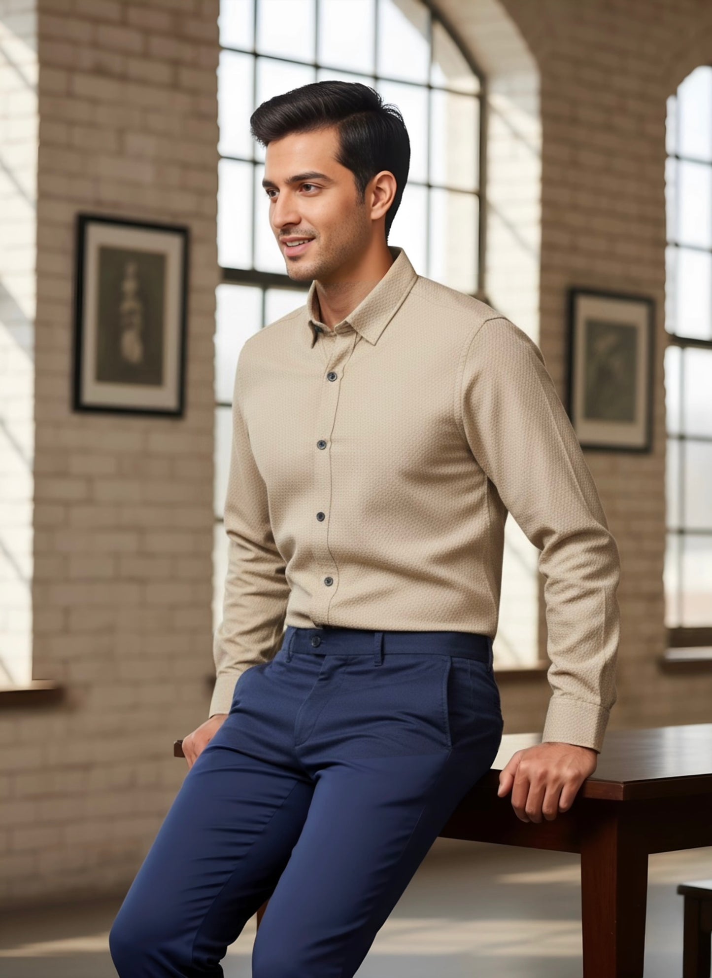 BEIGE SELF-TEXTURED SEMI FORMAL SHIRT